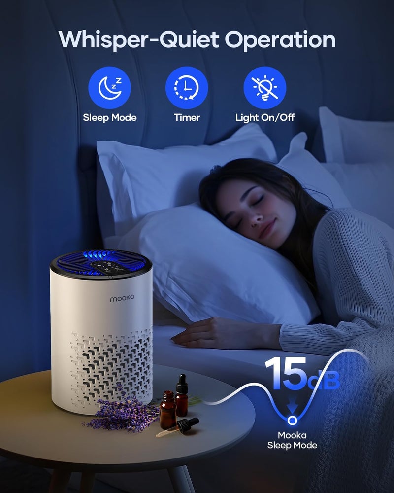 Mooka Air Purifiers for Bedroom Home, HEPA Air Purifier for Home Pets with Fragrance Sponge for Smoke Dust Pollen Dander Odor, Small Air Cleaner with Sleep Mode Night Light Timer, KJ067L, White - Image 3